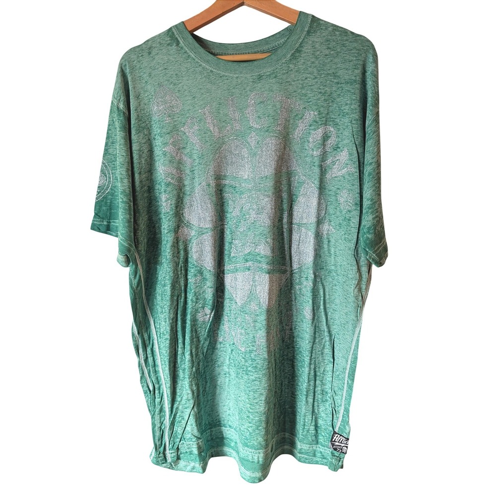Affliction T-Shirt Mens XXL Green Burnout Graphic Tee Made in USA Y2K MMA Clover